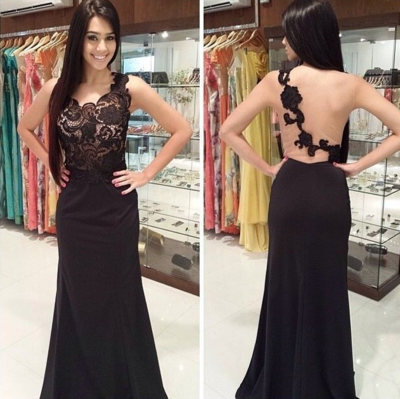 Black Celebrity Prom Dresses Lace Bodice pst0082