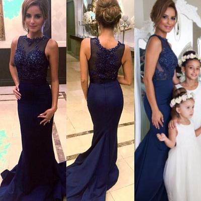 Dark Navy Lace Mermaid Celebrity Prom Gowns pst0086