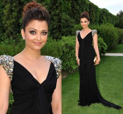 Black Chiffon Prom Gowns Evening Dresses Beaded Cap Sleeves pst0096