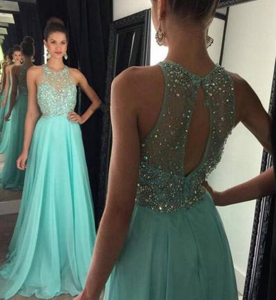 Halter Chiffon Prom Gowns Homecoming Dresses Beads Keyhole Back pst0097