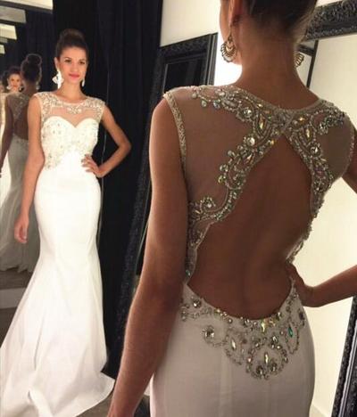 Mermaid Long Prom Dresses Beaded Bodice Keyhole Back pst0098