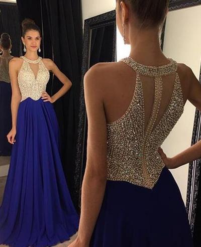Halter V Neckline Floor Length Evening Dresses Prom Gowns pst0100