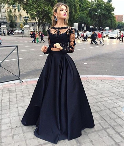 Two Piece A Line Lace Bodice Black Prom Dresses Satin Skirt pst0106