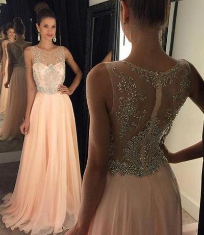 Chiffon and Beads Prom Dresses Illusion Neckline Zipper Back pst0104