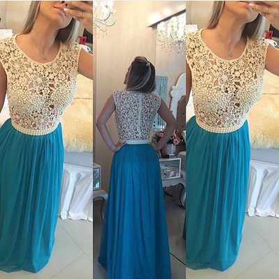 Lace and Chiffon Prom Dresses Pearls Embellishment pst0115