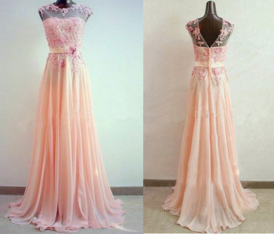 Simple Lace and Chiffon Pink Prom Dresses Pearls Embellishment pst0113