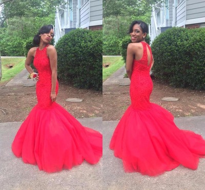 Red Mermaid Lace and Tulle Evening Dresses Prom Gowns pst0147