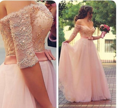 Off Shoulder Lace and Tulle Prom Dresses Pearls and Beads Embellishments pst0126