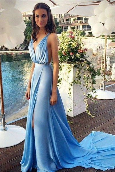 2016 Sexy Sky Blue Deep V Prom Dresses pst0209