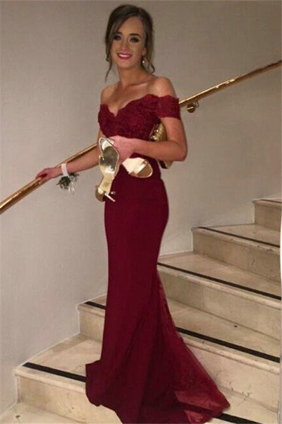 Burgunday Off Shoulder Lace and Tulle Mermaid Celebrity Prom Dresses pst0210
