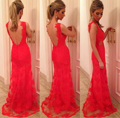 Red Lace Prom Dresses Open Back pst0167