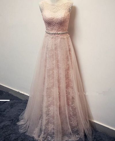Pearl Pink Lace and Tulle Prom Dresses Evening Dresses pst0168