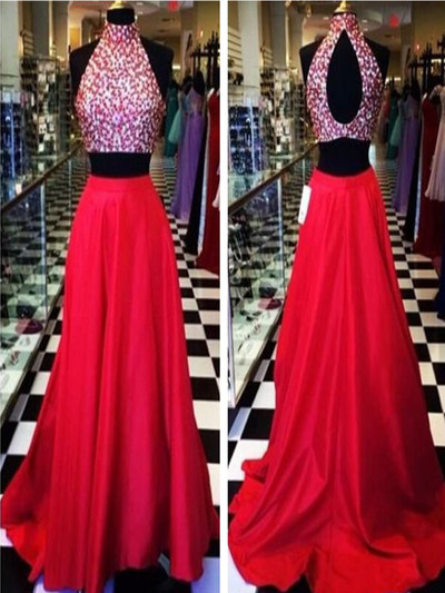 Two Piece Halter beading key-hole back satin prom dress long evening dress