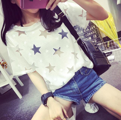 Harajuku Hollow Five-pointed Star Satellite Network Yarn Stitching Loose Short-sleeved T-shirts