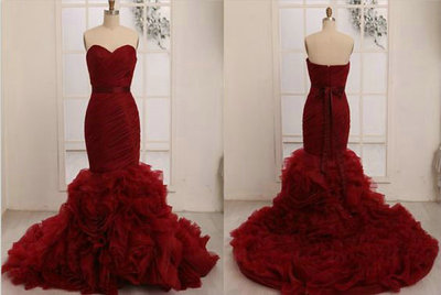 Burgundy Mermaid Tulle Prom Dresses pst0302