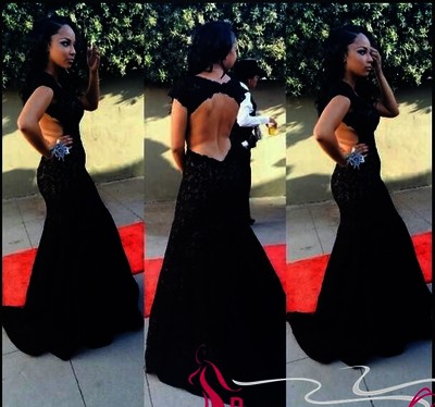 Floor Length Black Lace Mermaid Prom Dresses Open Back pst0047