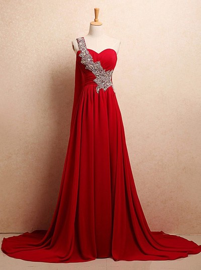 One-shoulder sweetheart beading sweep train long mermaid prom dress red evening dress