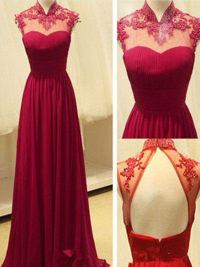 Sleeveless high collar applique red backless prom dress ,evening dress beauty bridesmaid dress