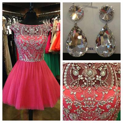 Cap sleeve beading see-through short prom dress beading sexy prom dress,mini evening dress