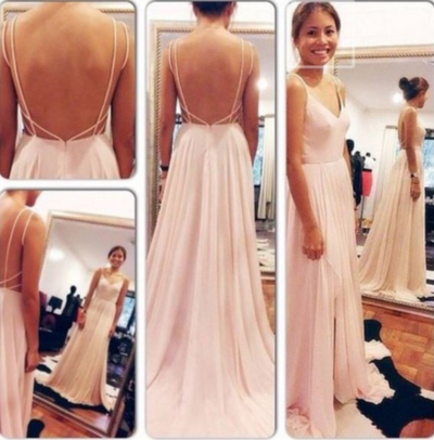 Sexy Open Back Pink Prom Dress,Backless Sexy Prom Gown,Straps V-neckline Party Dress