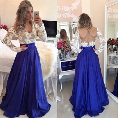 Long Sleeves Lace Prom Dress,Open Back Royal Blue Prom Gown,Sexy Backless Graduation Dress