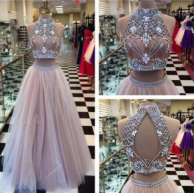 Two Piece Crystals High Neck Tulle Hollow Back Vintage long prom dress, Party Dresses