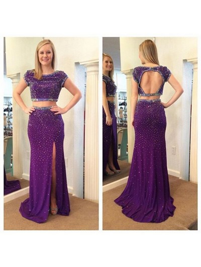 two pieces prom dress, long prom dress, purple prom dress, open back prom dress, charming prom dress, evening dress, E4678