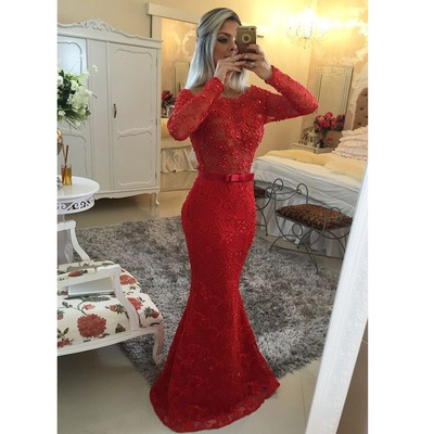 2016 Red Mermaid Lace Prom Dresses Long Sleeves Floor Length pst0127