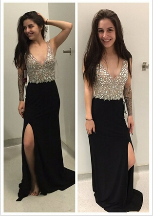 black prom dress,long prom dress,v-neck prom dress, cheap prom dress, prom dress with side slit, E2901