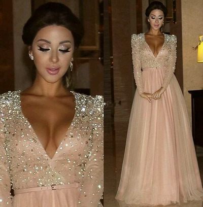 pink prom dress, long prom dress, formal prom dress, v-neck prom dress, long sleeves prom dress ,prom gown, E919