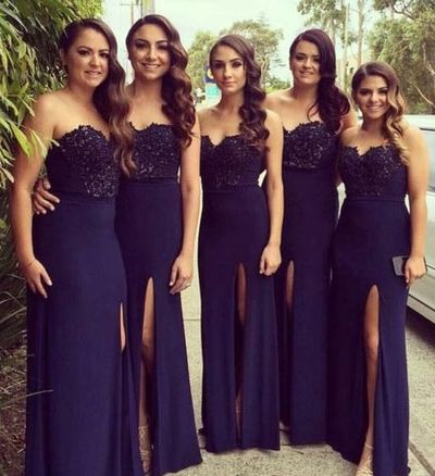 Long Bridesmaid Dress, navy Bridesmaid Dress, strapless Bridesmaid Dress, cheap bridesmaid dress, side slit Bridesmaid Dress, E1989