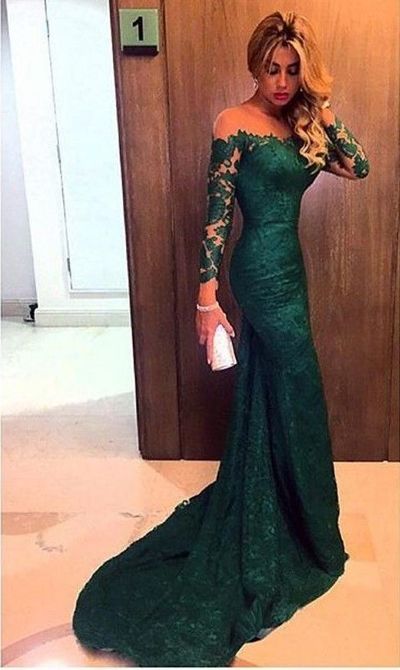 teal green prom dress, lace prom dress, elegant prom dress, long sleeves prom dress, sheath prom dress, evening dress, E2247
