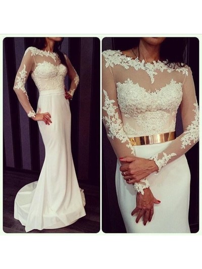 long prom dress, white prom dress, lace long sleeves prom dress, mermaid prom dress, cheap evening dress, E21047