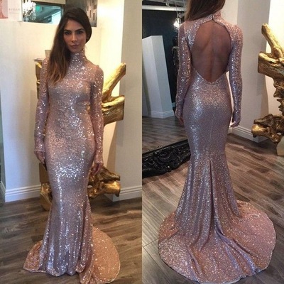 long prom dress, high neck prom dress, sparkle prom dress, backless prom dress, mermaid prom dress, charming prom dress, E8367