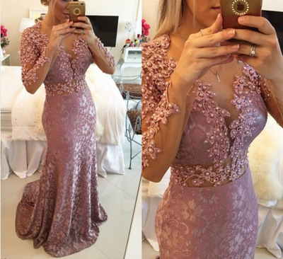 lace prom dress, long prom dress, rose pink prom dress, long sleeves prom dress, charming prom dress, 2016 prom dress, E8362