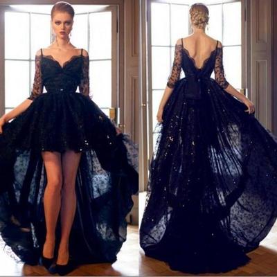 black prom dress, hi-low prom dress, 2016 new arrive prom dress, charming prom dress, lace sleeves prom dress, E8361