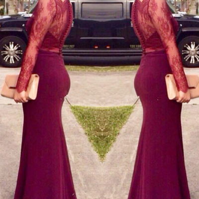 Burgundy prom dress, formal prom dress, elegant prom dress, mermaid prom dress, lace sleeves prom dress, e8360 - Thumbnail 5
