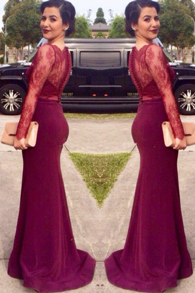 burgundy prom dress, formal prom dress, elegant prom dress, mermaid prom dress, lace sleeves prom dress, E8360