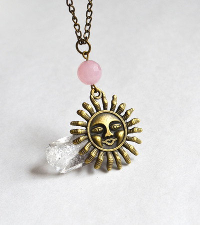 Sun Necklace, Summer Sun Necklace, Sol Jewelry, Long Boho Necklace, Sun with Quartz necklace, Happy Sun Necklace