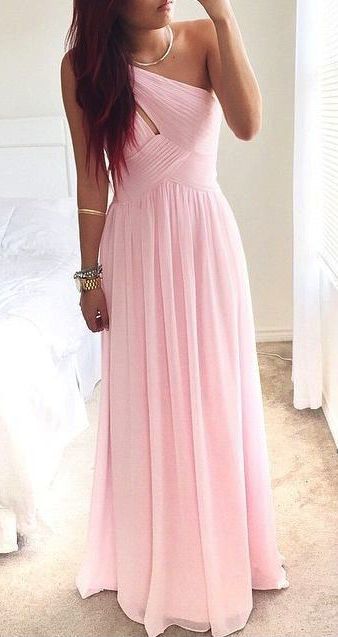 Pretty Light Pink Simple Prom Dress One-Shoulder party dress 2016