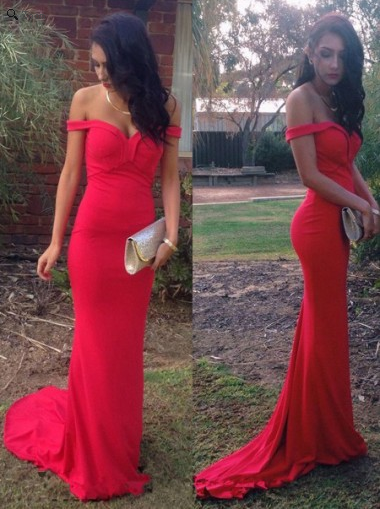 2016 Mermaid Off The Shoulder Evening Dresses Simple Prom Gowns Modest Red Prom Dress