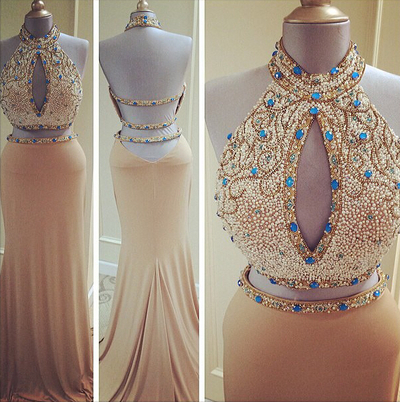 long halter prom dress, champagne prom dress, two pieces prom dress, backless prom dress, charming prom dress, party prom dress, E4192