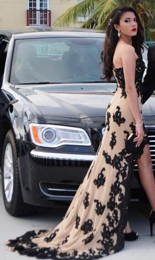 High Low Champagne Black Lace Evening Dress Floor Length Modest Prom Dresses