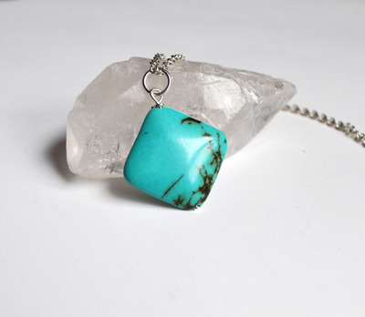 Turquoise Diamond Necklace, Turquoise on Chain, Long Chain and Stone, Turquoise Southwest Necklace, Bohemian