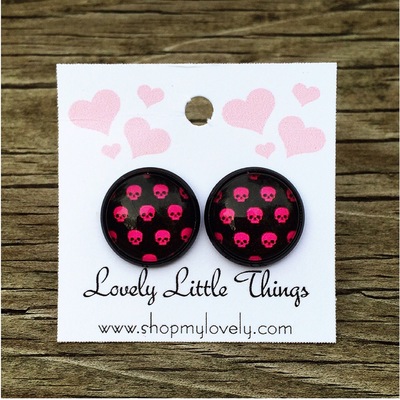 12mm Pink Skull Studs with Black Setting