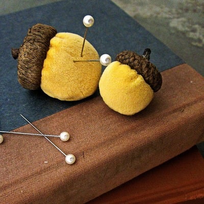 Mini Acorn Pincushionsin Gold, Handmade Set of 2