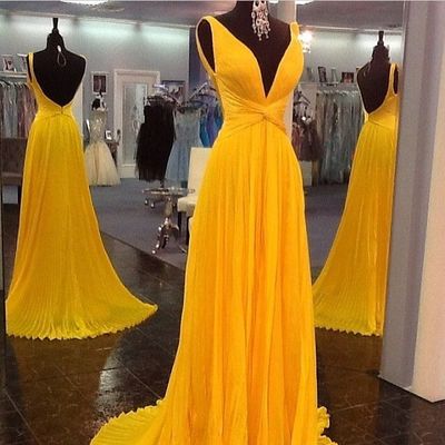Sexy V-neck open back mermaid yellow prom dress,formal evening dress