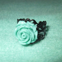 Mint Rose Ring with Filigree Base  - Thumbnail 1