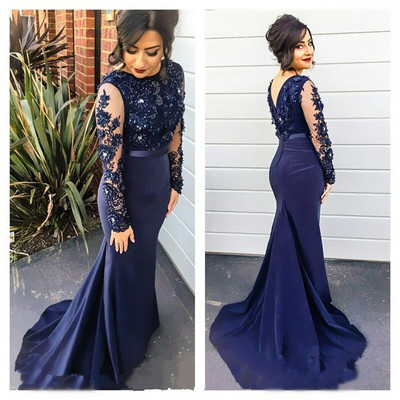 long prom dress, navy prom dress, long sleeves prom dress, mermaid prom dress, charming prom dress, E3147