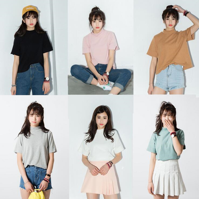 FREE SHIPPING Macaron high collar Korean Tee T-shirt
